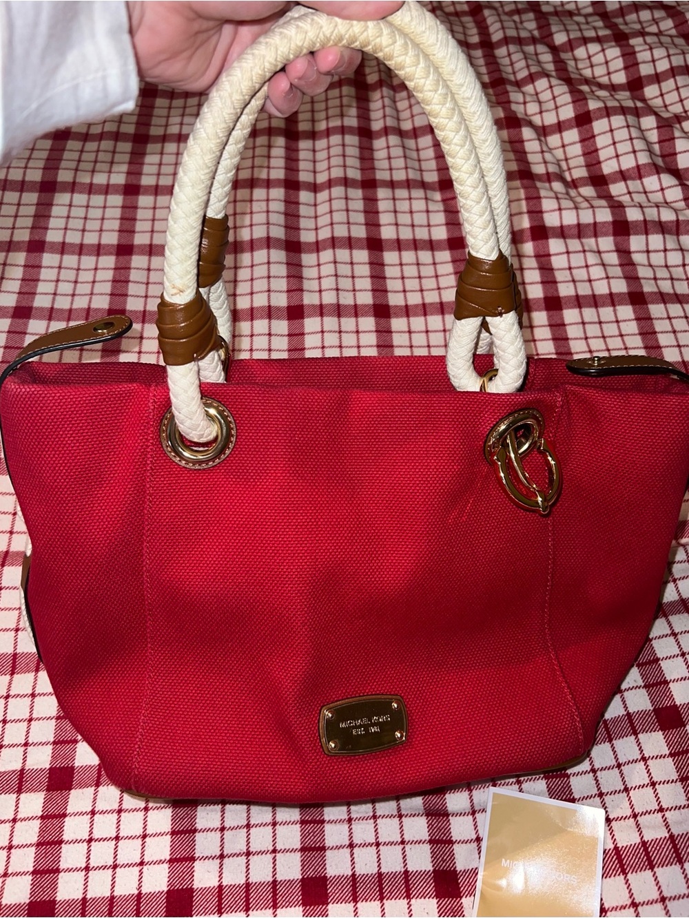 Michael Kors Red Canvas Tote with Cream Rope Handles and Brown Trim